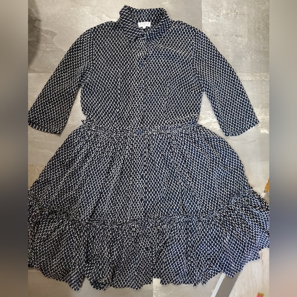 Claudie Pierlot Paris "Ruffled Shirt Dress". Textured. Navy Blue & White. 4 US. - Picture 2 of 15